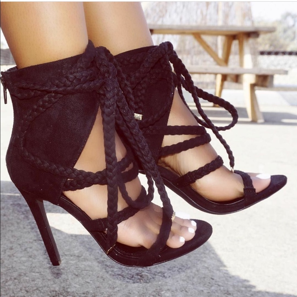 Black Strappy Braided Peep Toe Sandal